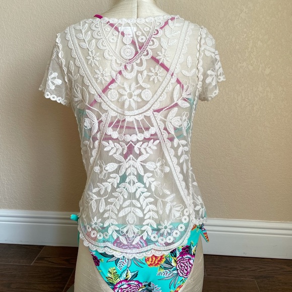 Xhilaration Sheer Lace Embroidered Boho Beach Coverup Top Size XS - Picture 7 of 12